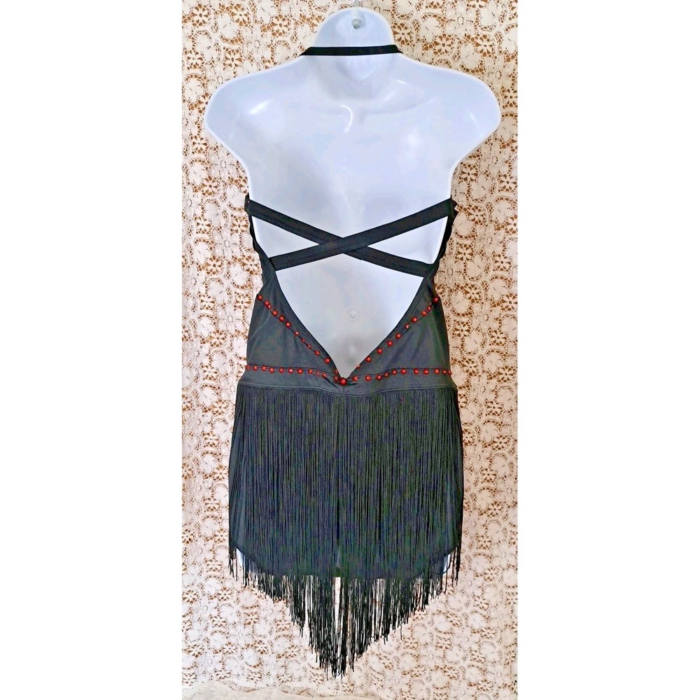 Balera Dance Costume XL Black Red Rhinestone Fringe Halter Bodysuit Strappy Back - Picture 11 of 12